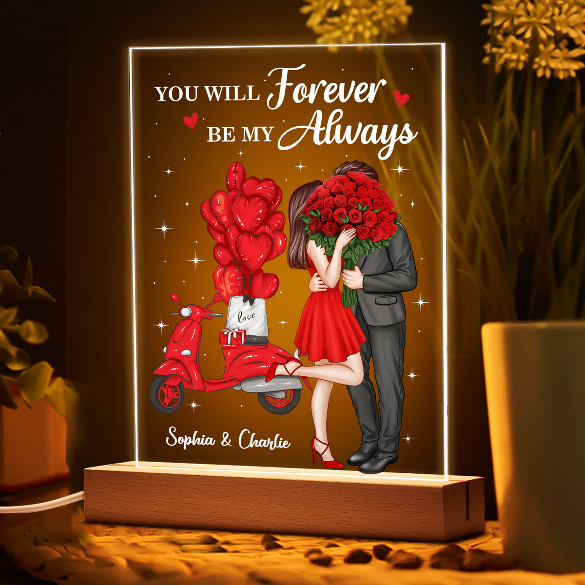 Elegant Couple Valentine‘s Gift Personalized Rectangle Acrylic Plaque LED Night Light