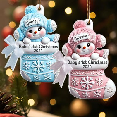 3D Effect Snowbaby On Stocking Baby's 1st Christmas Keepsake Personalized Acrylic Flat Ornament