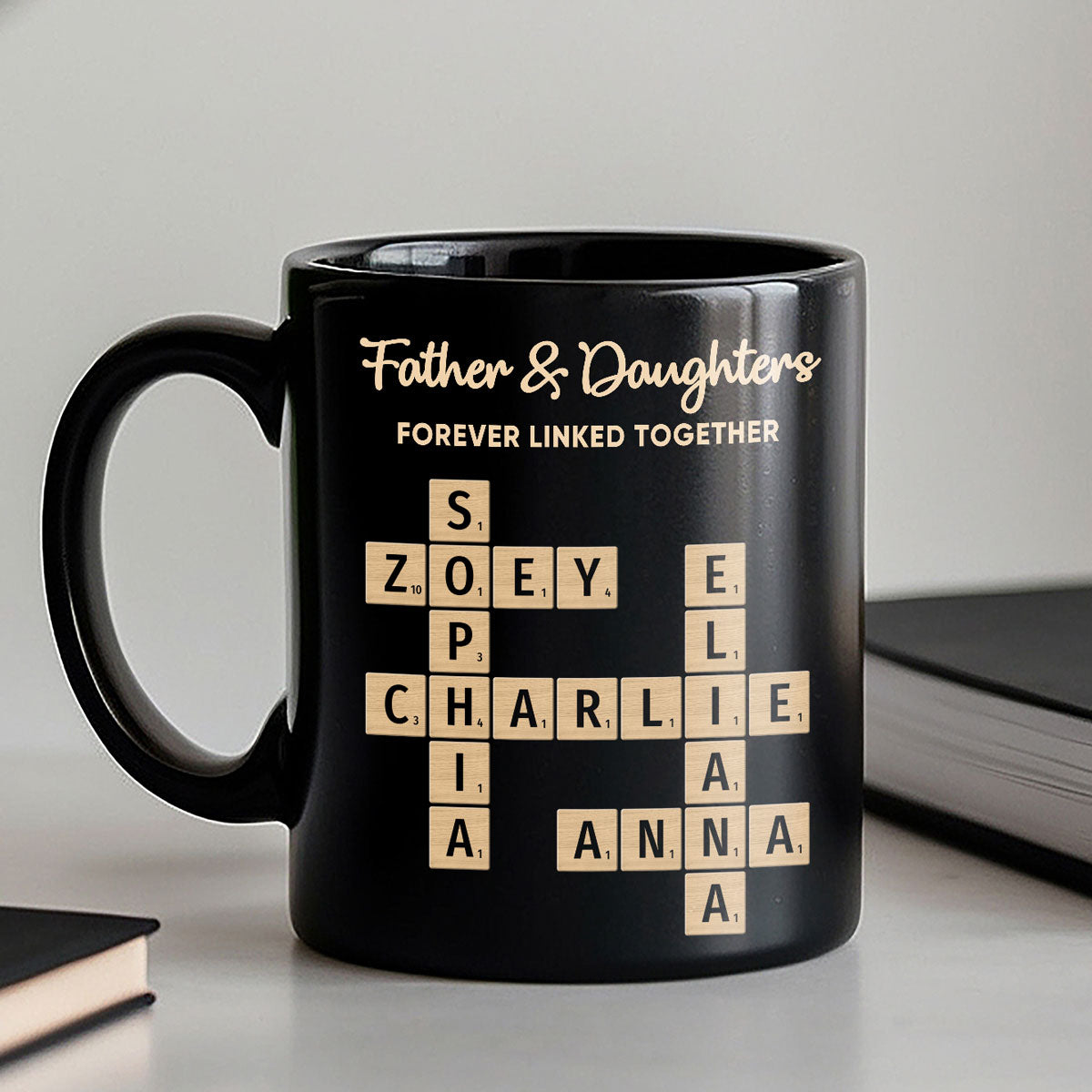 Father & Daughters Sons Forever Linked Together Crossword Puzzle Art Personalized Mug, Heartfelt Father's Day Gift For Dad