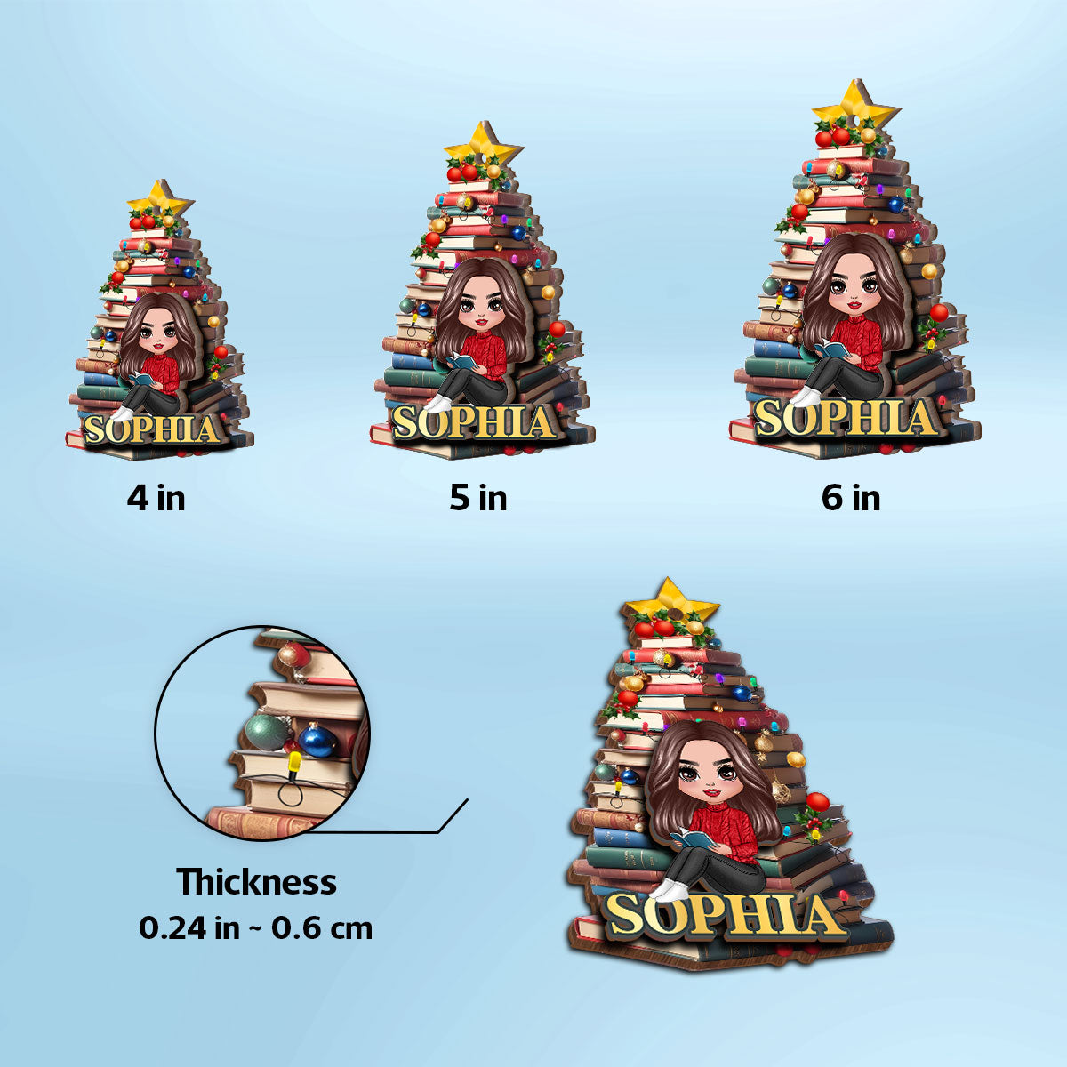 Christmas Book Tree Name Personalized 2-Layer Wooden Ornament, Book Lover Gift, Bookworm Gifts