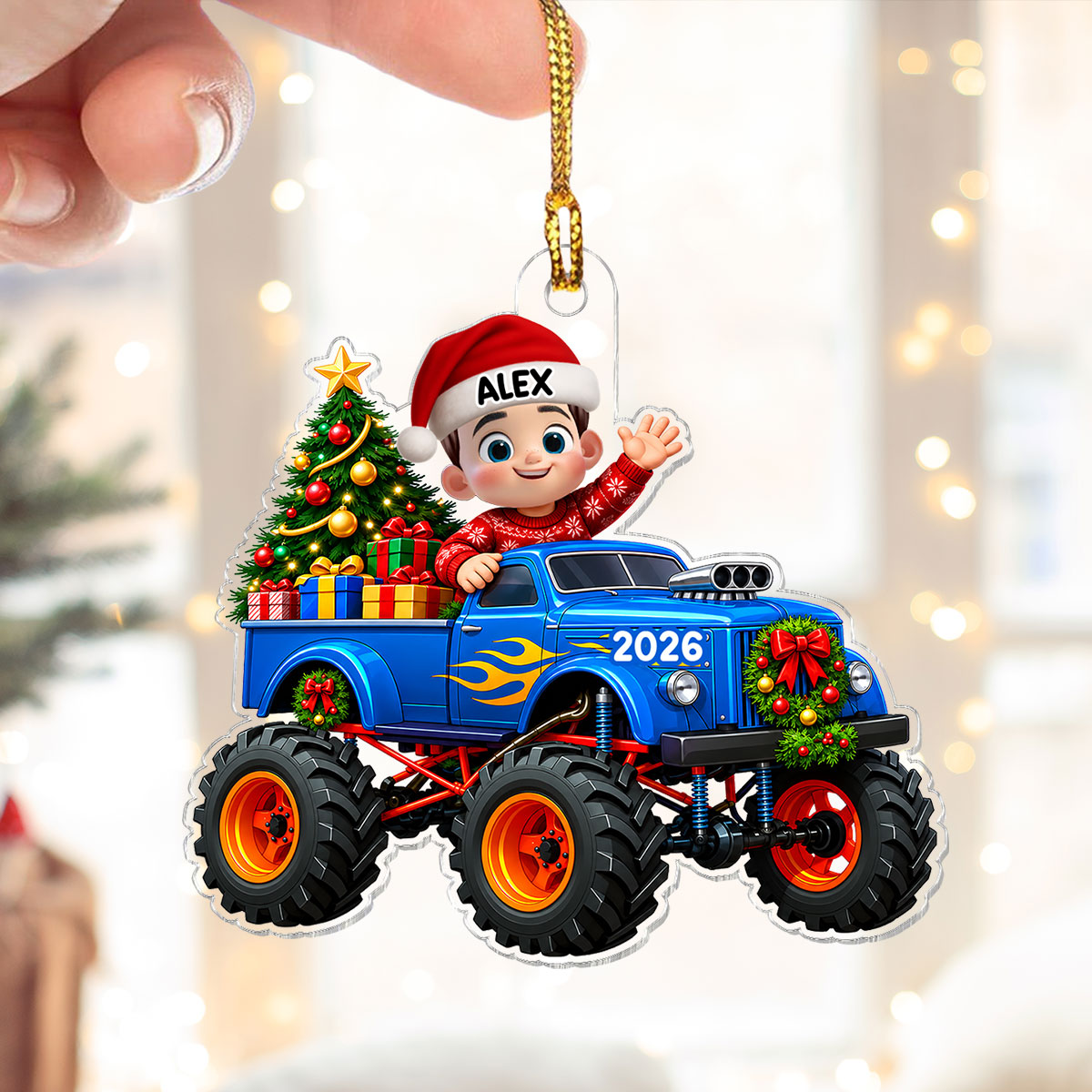 Little Kid With Monster Truck - Personalized Acrylic Ornament - Christmas Gift For Kids, Grandkids, Grandson, Granddaughter, Son, Daughter