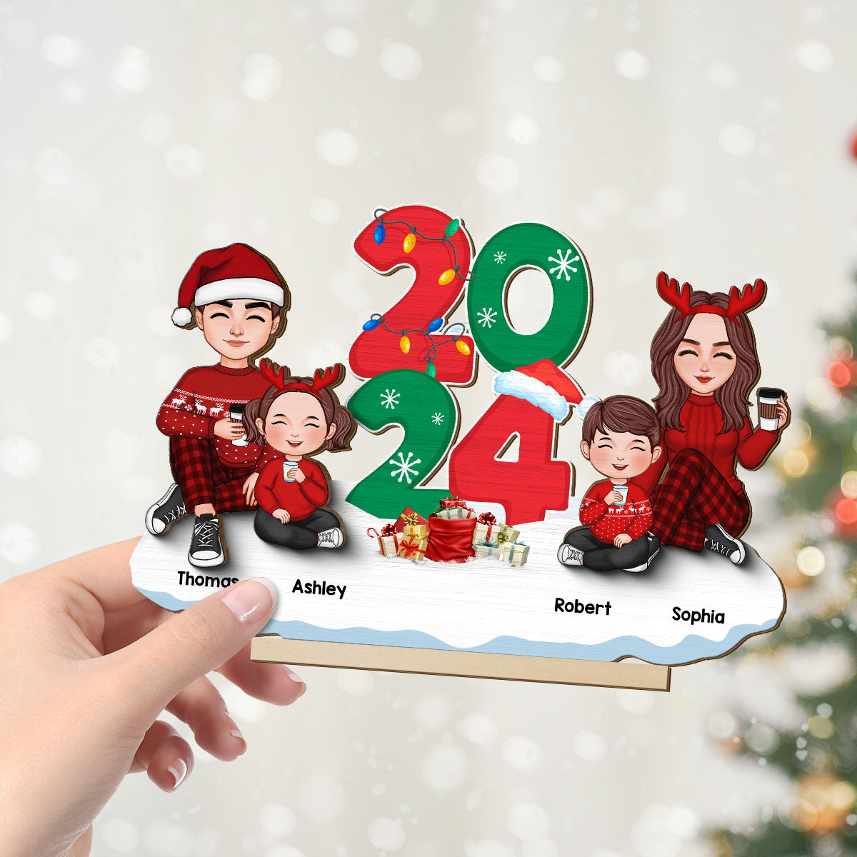 Cute Family Dad Mom Kids Sitting By 2024 Christmas Personalized 2-Layer Standing Wooden Plaque