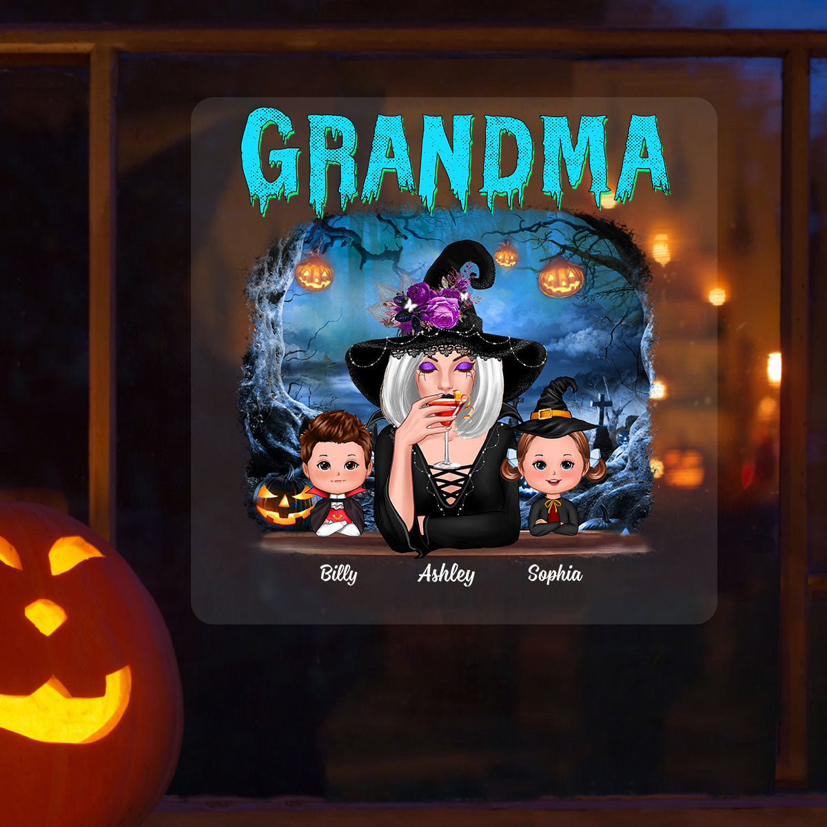 Halloween Night Grandma Witch And Grandkids Personalized Decal, Halloween Decor