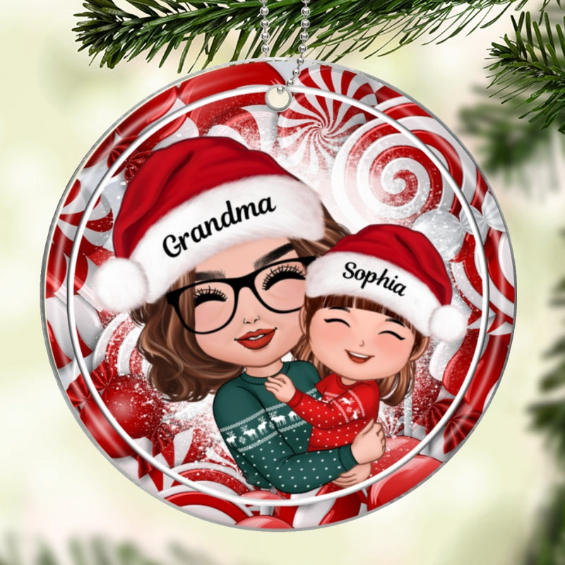 Christmas Candy Cane Grandma Hugging Grandkid Personalized Acrylic Ornament