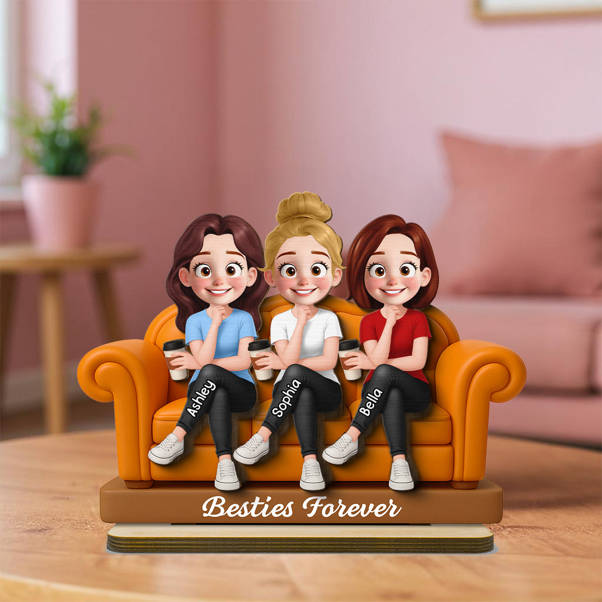 Besties Sitting On Sofa Personalized Wooden Standing Plaque, Gift for Besties, Sisters, Best Friends