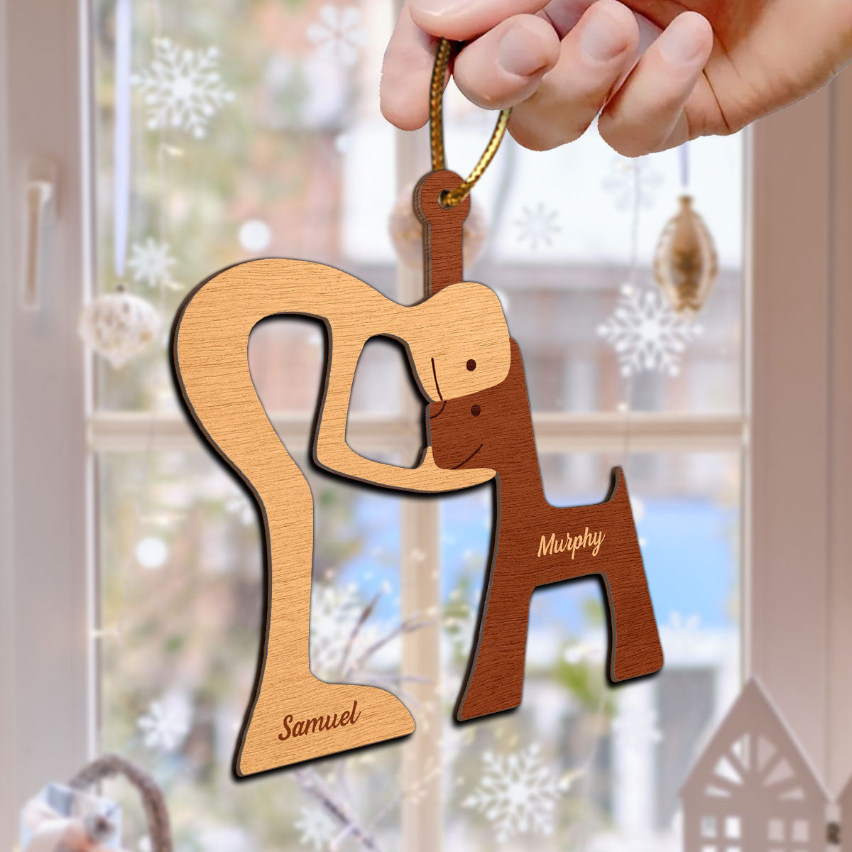 Man Woman And Dog Cat Illustration Personalized 2-Layer Wooden Ornament, Christmas Gift For Dog Lovers, Cat Lovers