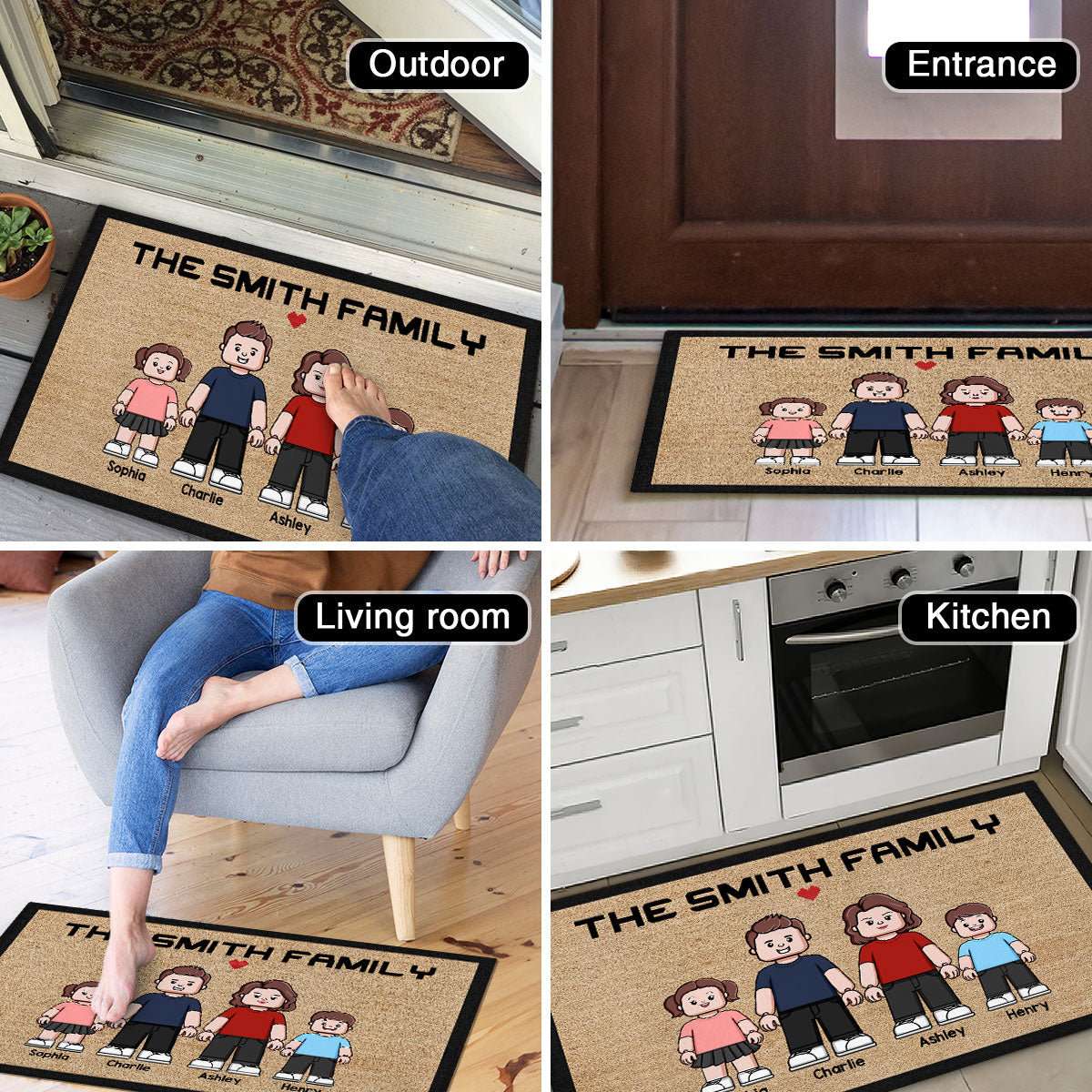 Family Dad Mom Kids Block Characters Personalized Doormat