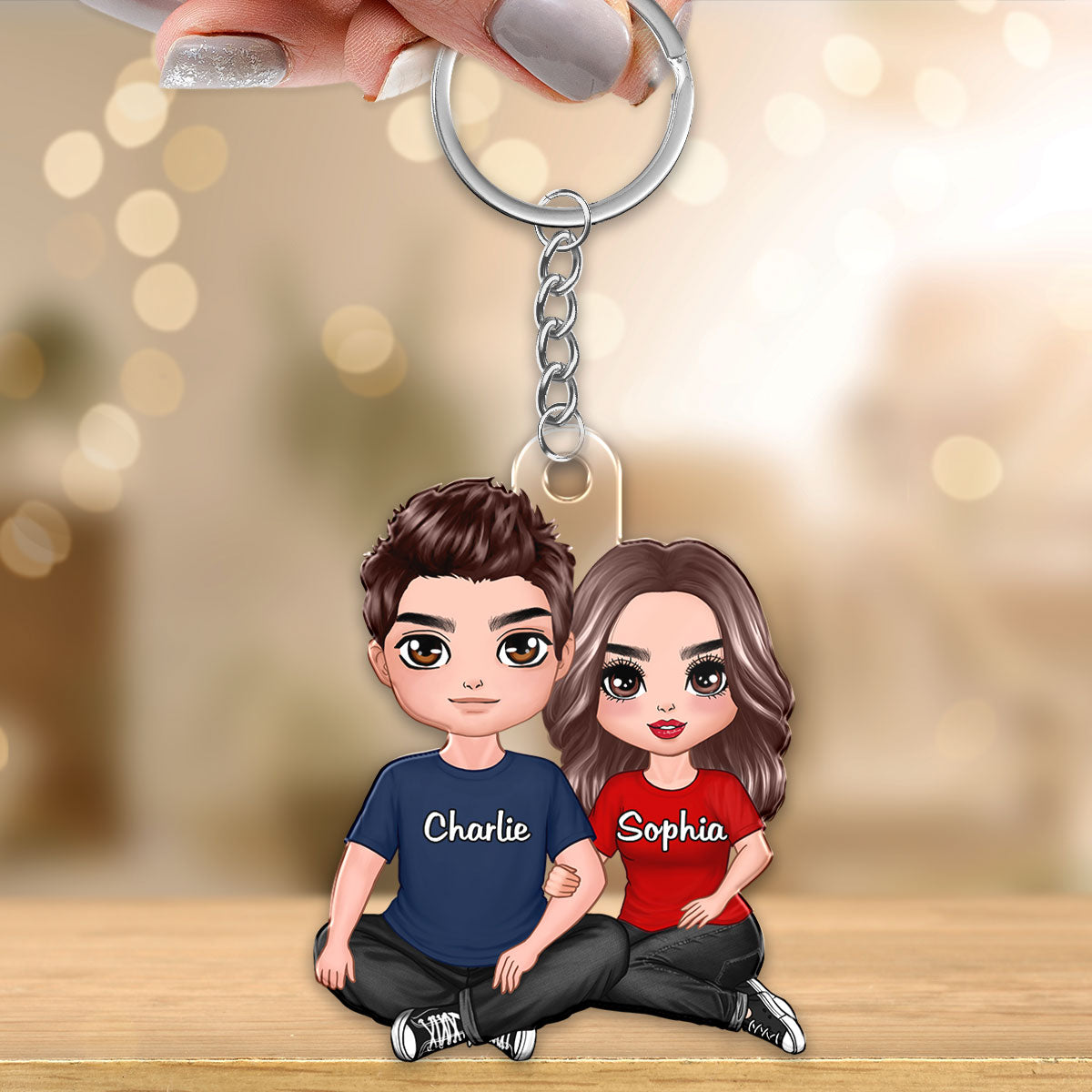 Doll Couple Sitting Hugging Gift For Him For Her Personalized Acrylic Keychain