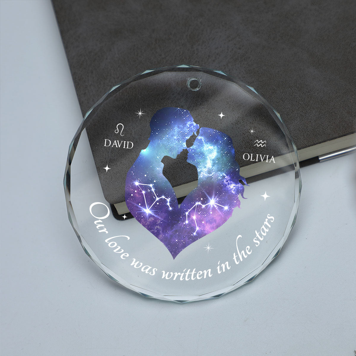 Our Love Was Written In The Stars Hugging Couple Personalized Zodiac Sign Glass Ornament, Birthday Christmas Wedding Gift For Couple, Girlfriend, Boyfriend, Astrology Lovers