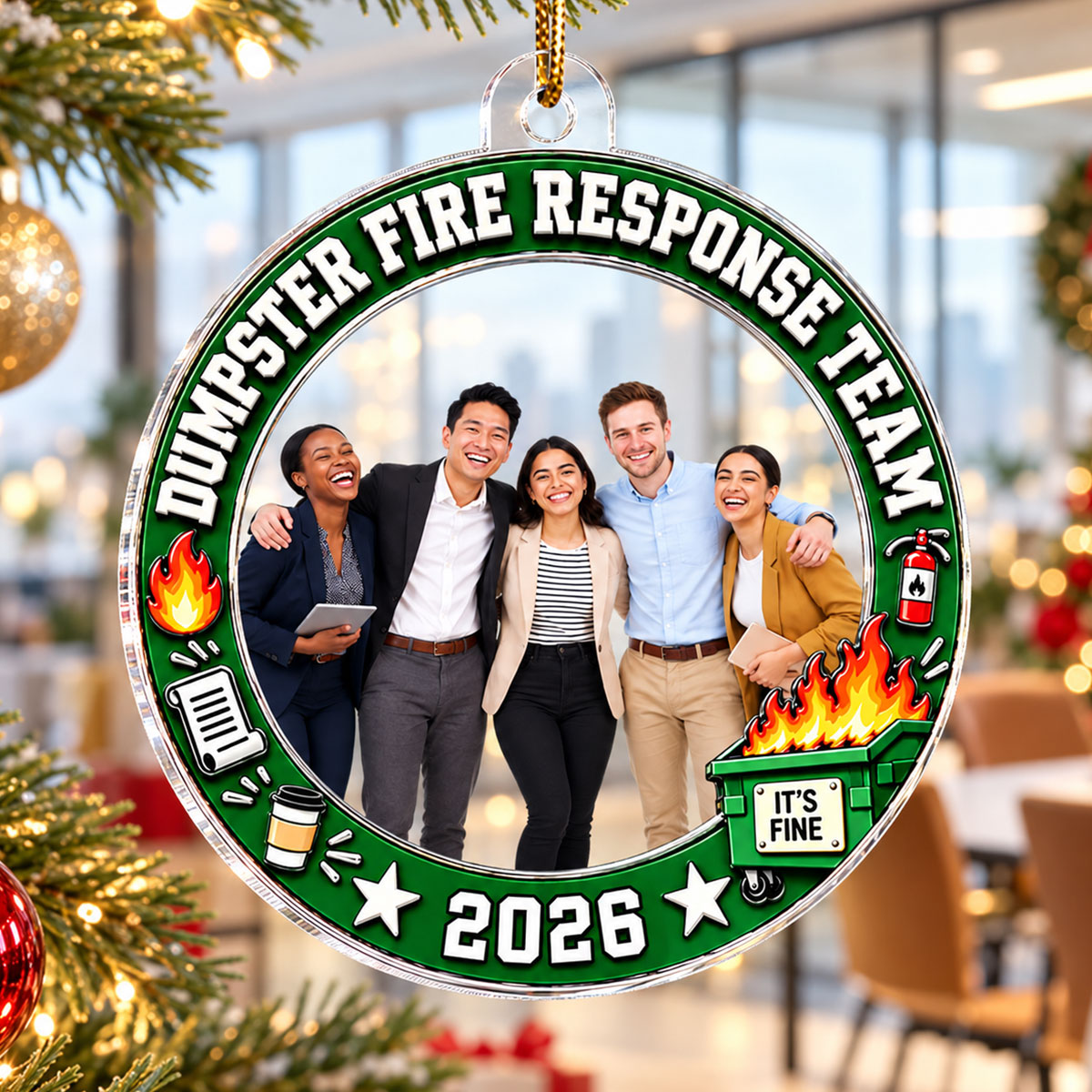 Funny Dumpster Fire Response Team Custom Upload Photo - Personalized Acrylic Ornament - Funny Christmas Gift For Colleagues, Coworkers, Boss