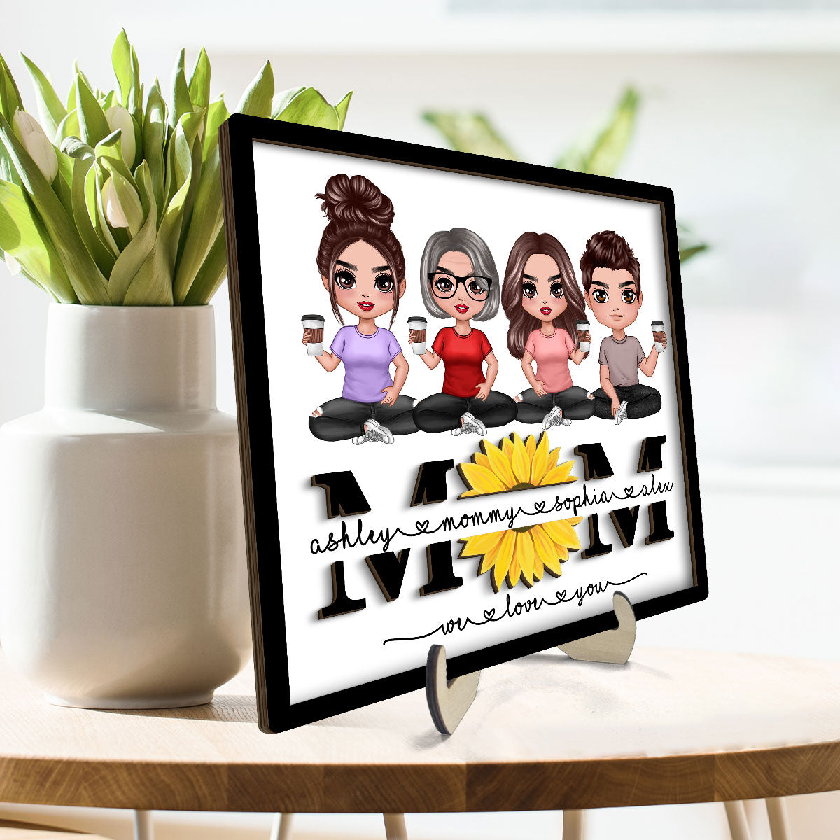 Mom We Love You Sunflower Doll Sitting On Text Personalized 2-layer Wooden Plaque, Gift For Mom