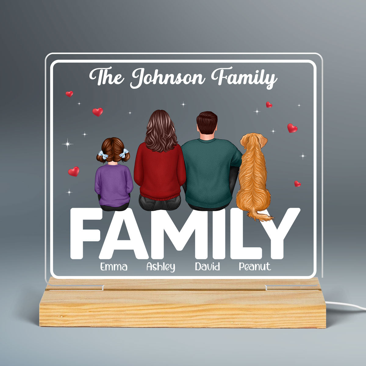 Whole Family Back View Couple Dad Mom Kids Dogs Cats Sitting On Words Personalized Custom Shape Acrylic Plaque LED Night Light