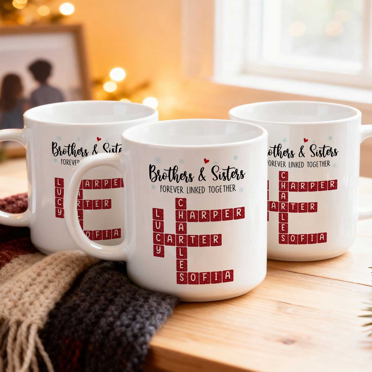 Brothers And Sisters Forever Linked Together Festive Theme Crossword Puzzle Art - Personalized Mug - Gift For Siblings, Family