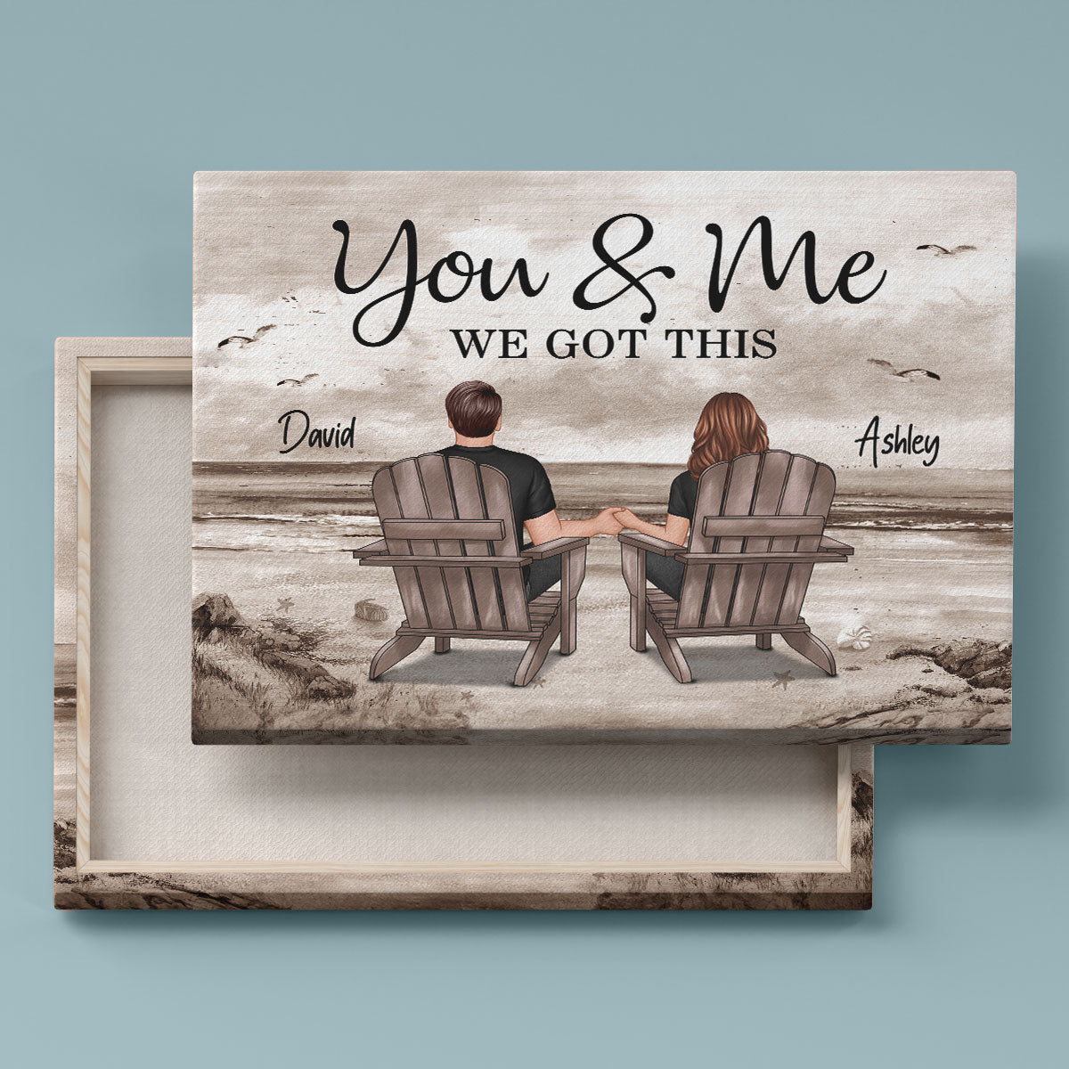 Retro Vintage Back View Couple Sitting Beach Landscape Personalized Canvas, Anniversary Gift For Couple, Husband, Wife, Dad, Mom