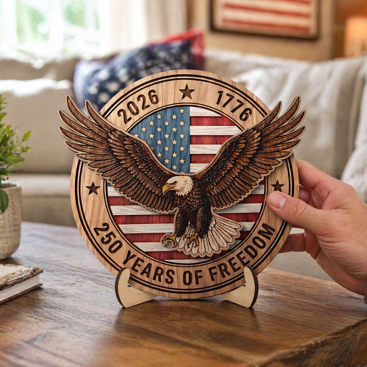 United States 250th Anniversary Eagle & American Flag - Personalized 2-Layered Wooden Plaque - America 250 Emblem American Patriot Home Decor