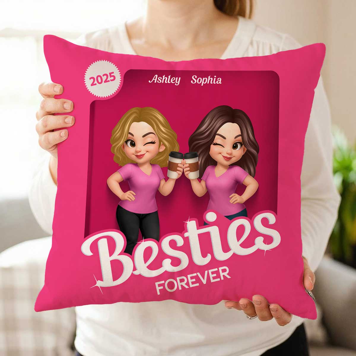 Besties Partners In Crime Pink Action Figure 3D Effect Personalized Pillow