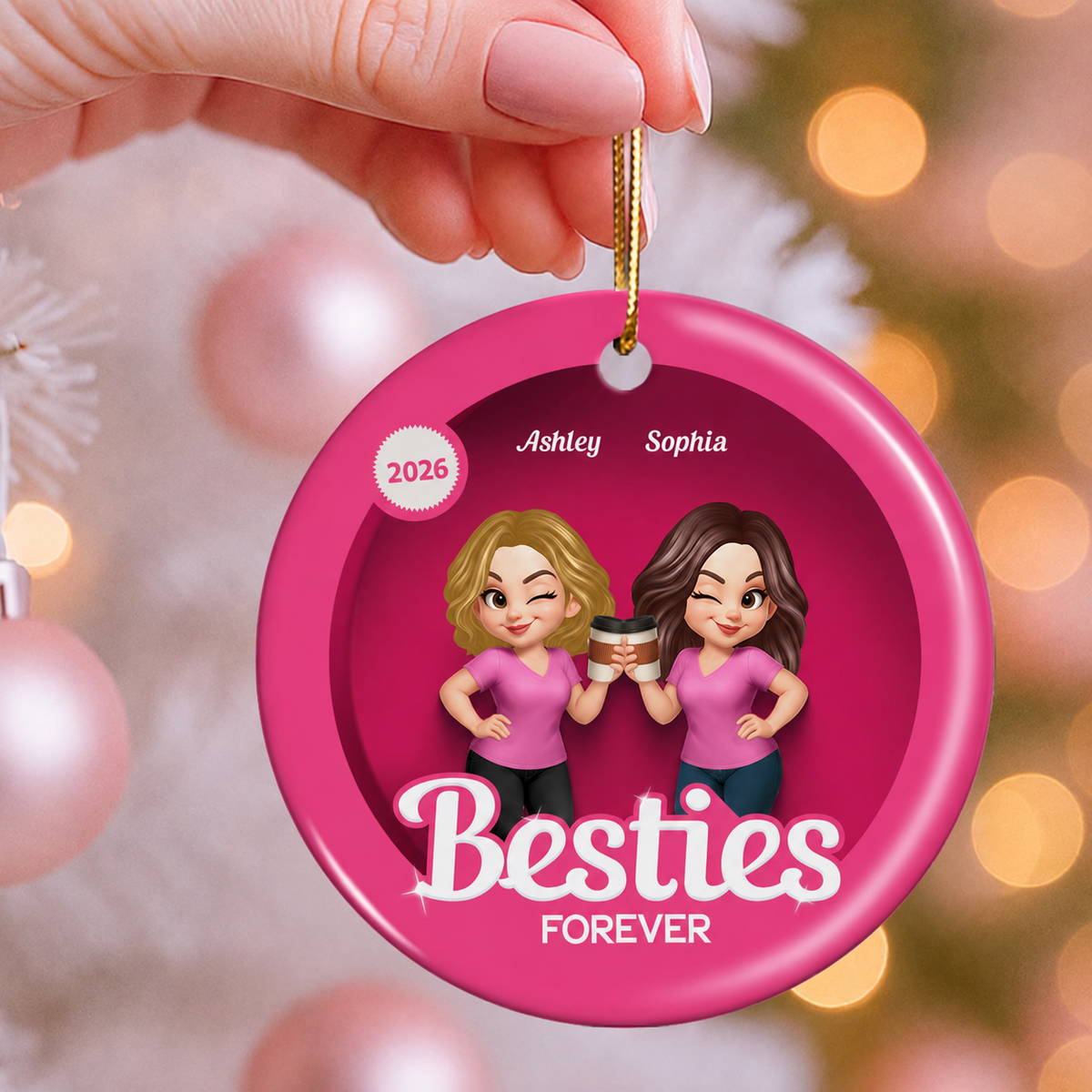 Besties Sisters 3D Effect Pink Toy Box Personalized Circle Ceramic Ornament, Gift for Besties, Best Friends
