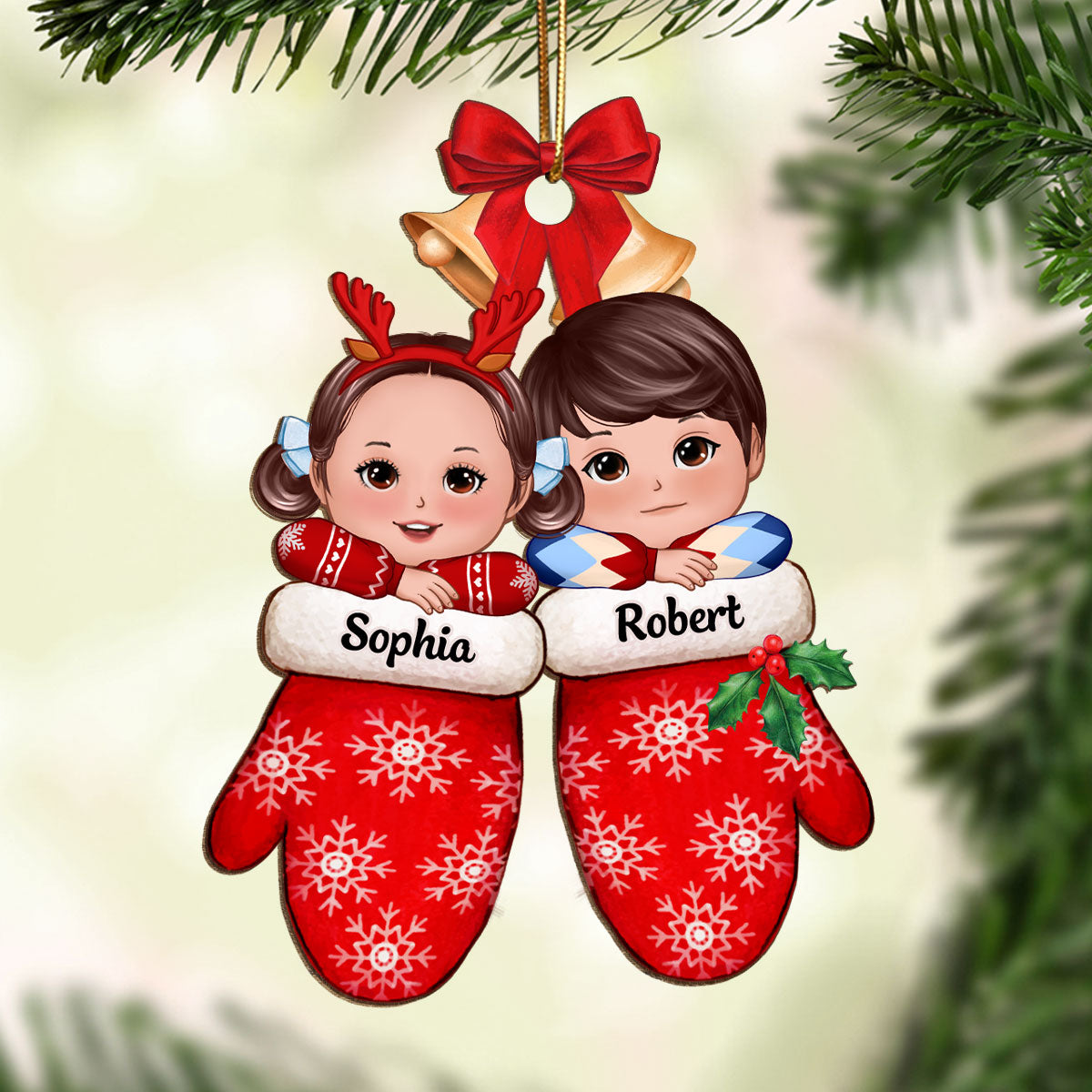 Christmas Doll Kids Laying On Hands In Gloves Personalized Wooden Ornament