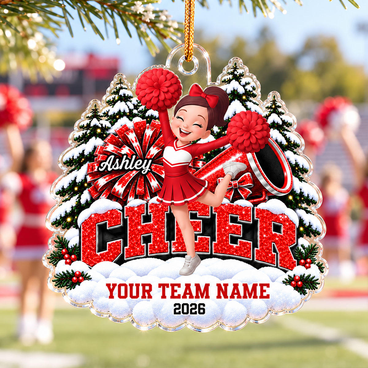 Christmas Cheerleader With Pom Poms - Personalized Acrylic Ornament - Christmas Gift For Cheerleaders, Cheer Teams, Girls