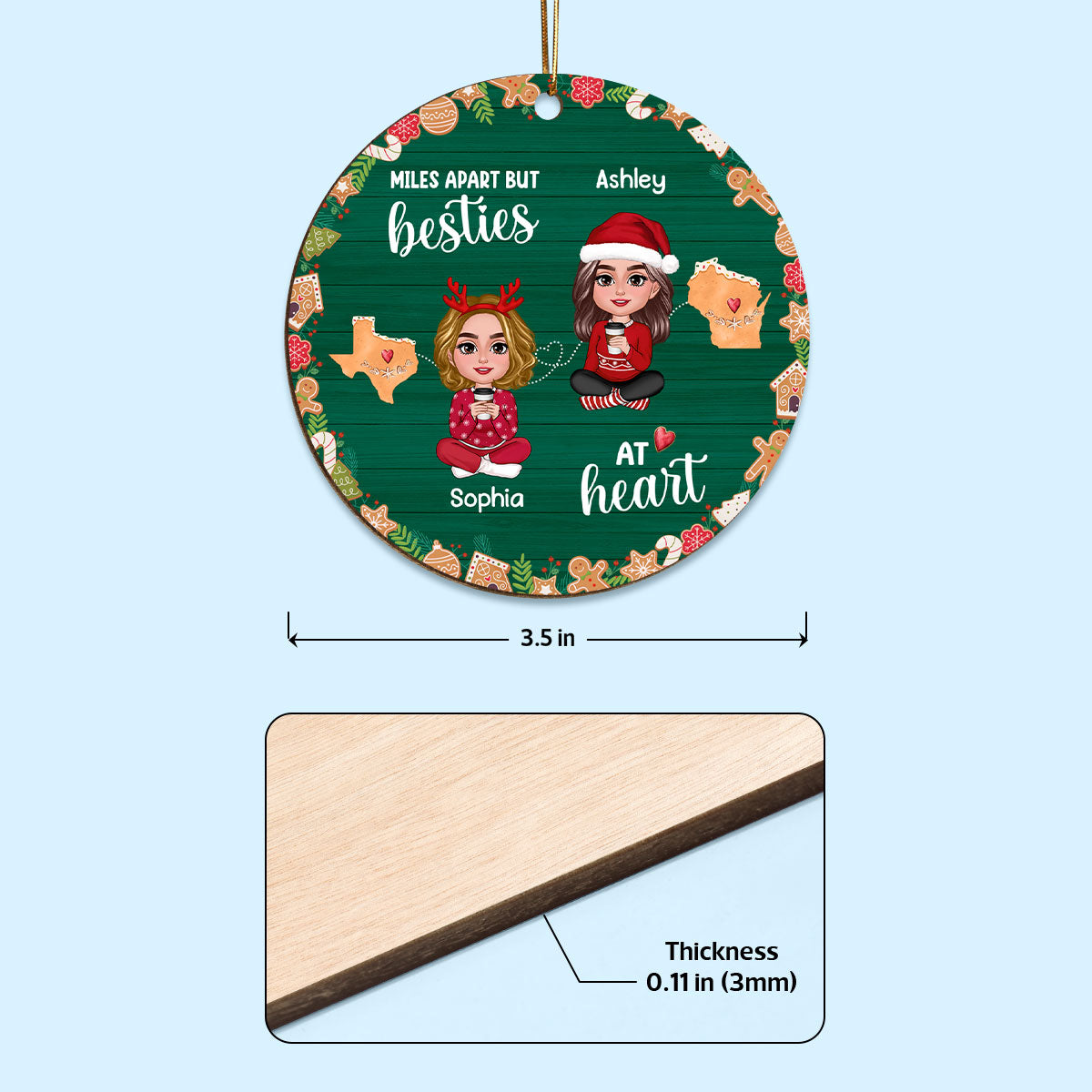 Doll Besties Long Distance Cookies State Map Personalized Wooden Ornament