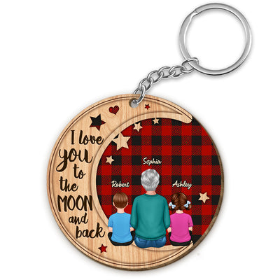 Love Grandma To The Moon Grandkids Checkered Personalized Wooden Keychain