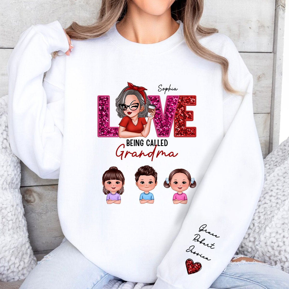 Love Being Called Grandma Mom Cute Grandkids Sequin Texture Personalized Sleeve Printed Sweatshirt