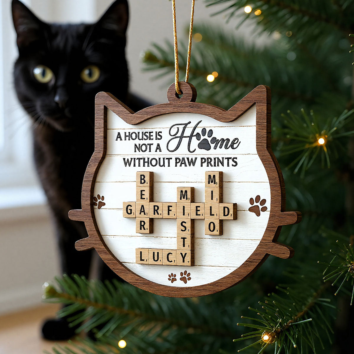 Cat Face Shape A House Is Not A Home Without Paw Prints Crossword Art Personalized 2-Layer Wooden Ornament