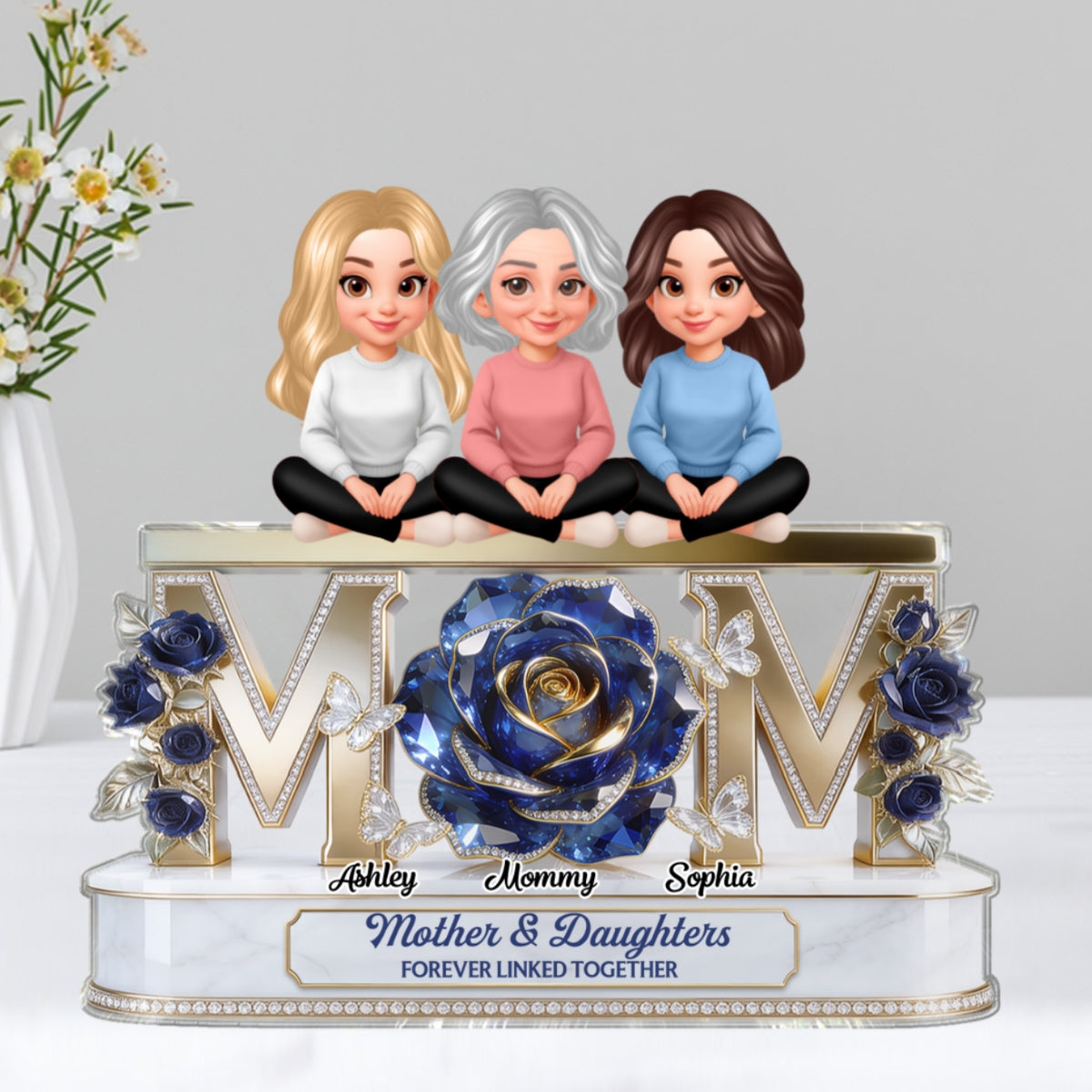 Beautiful Blue Roses MOM And Daughters Sons - Personalized Acrylic Block Plaque - Gift For Mom