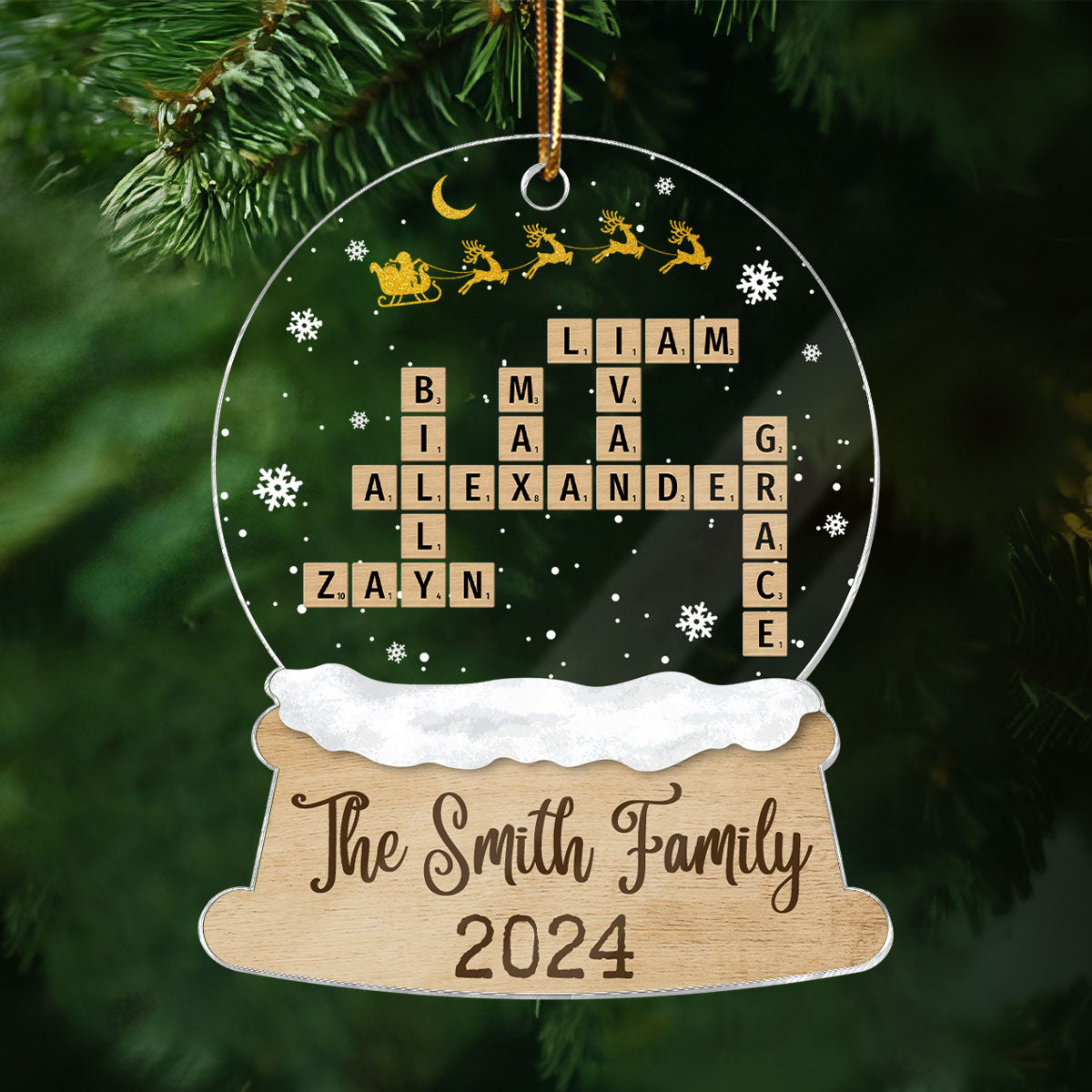 Snow Globe Christmas Sleigh Family Puzzle Crossword Personalized Acrylic Ornament, Christmas Gift For Family