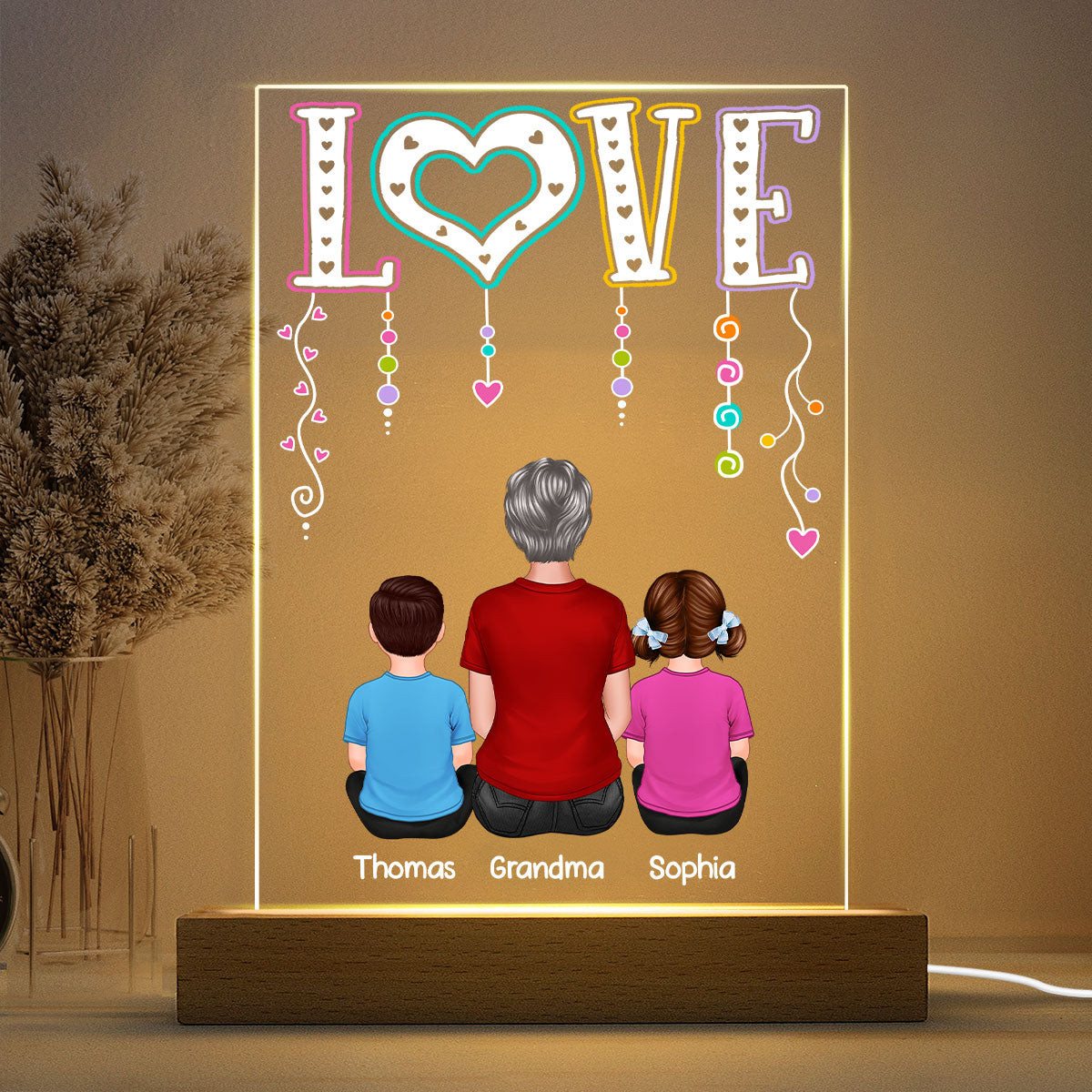 LOVE Back View Grandma Mom With Kids Sitting Personalized Rectangle Acrylic Plaque LED Night Light
