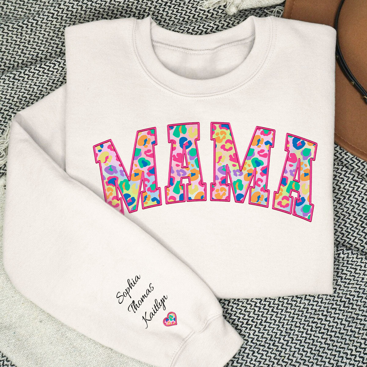 Mama Colorful Leopard Kids Names On Sleeve Personalized Sleeve Printed Sweatshirt