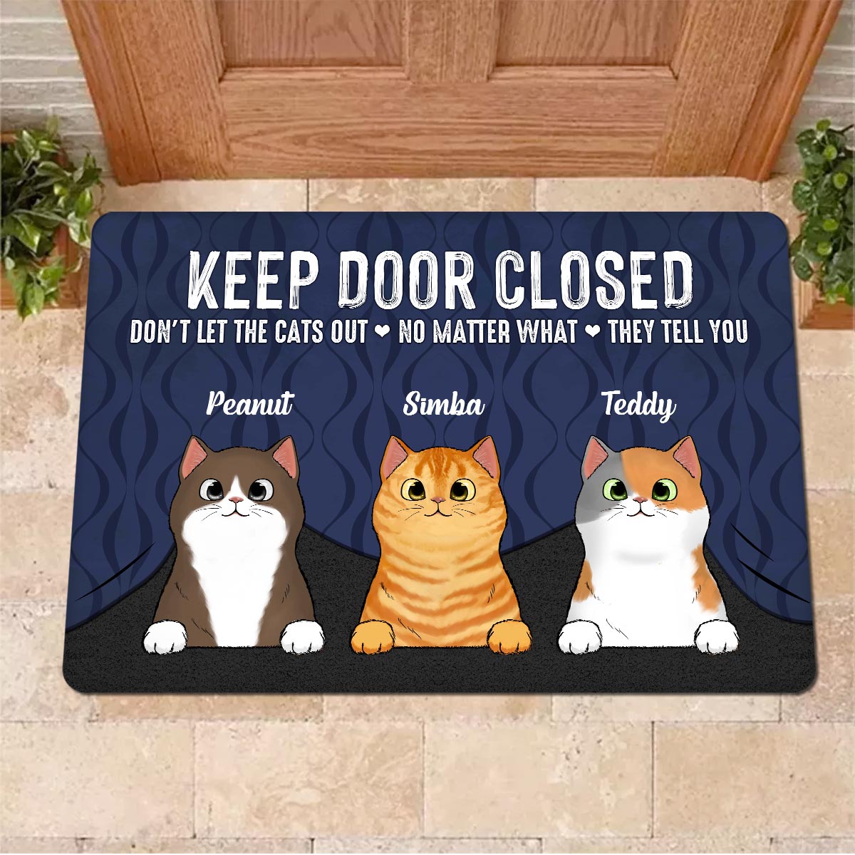 Keep Door Closed Peeking Fluffy Cat Under Personalized Doormat
