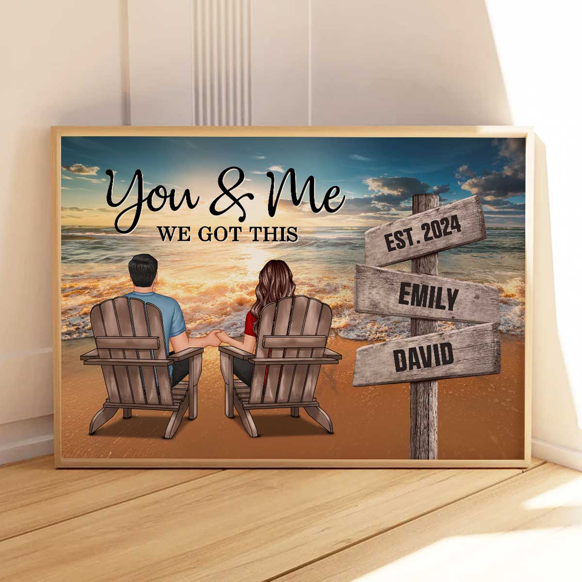 Romantic Beach Landscape Couple Sitting Holding Hands Sign Posts Personalized Poster, Heartfelt 2025  Gift, Anniversary Gift For Girlfriend, For Wife