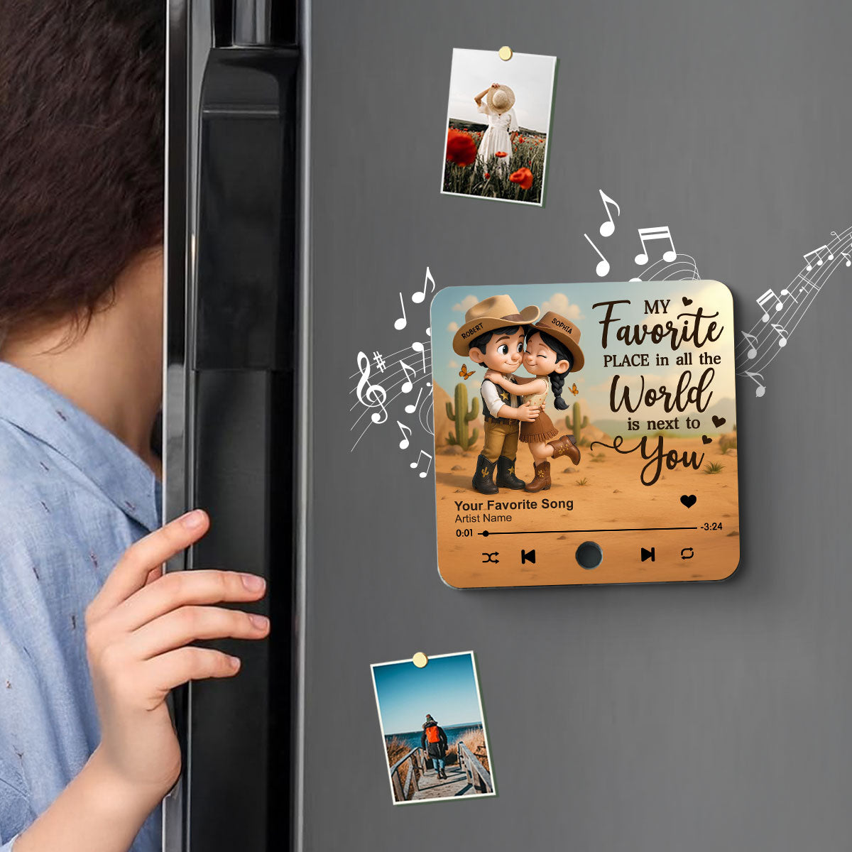 Favorite Place Is Next To You Cartoon Style Countryside Couple Cowboy Cowgirl Personalized Music Fridge Magnet