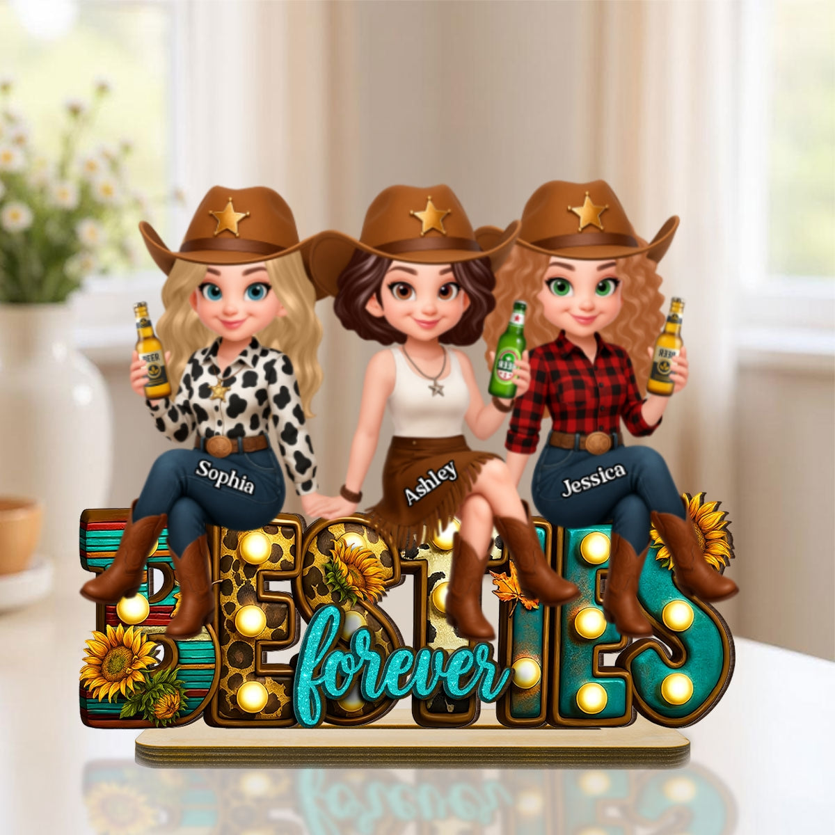 Western Fall Vibe Besties Personalized Standing Wooden Plaque, Fall Gift for Best Friends