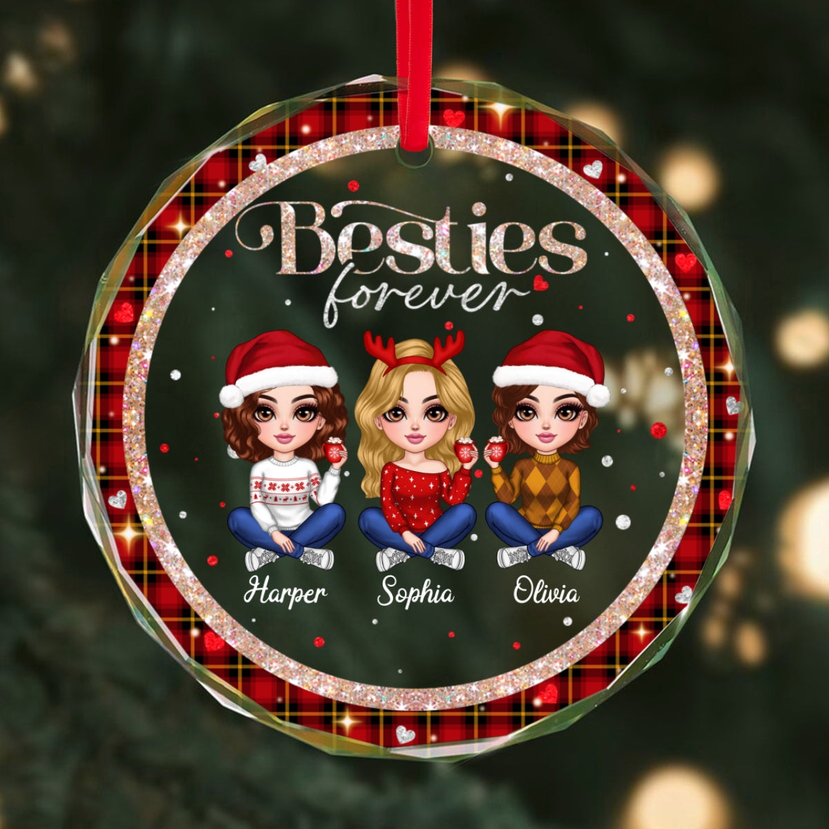 Sparkling Checkered Pattern Lovely Besties Personalized Glass Ornament