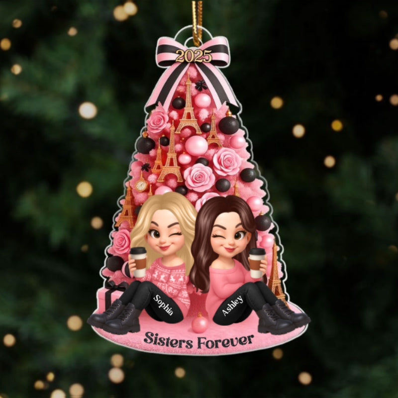 Besties Pink Christmas Tree Acrylic Ornament, Gift for Best Friends, Sisters