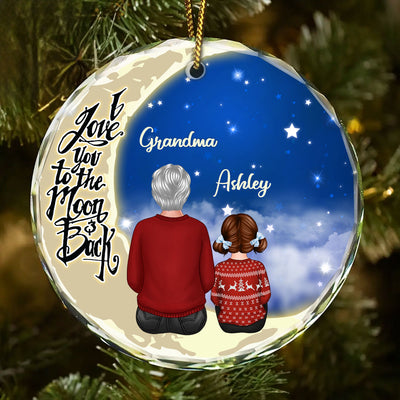 Grandma Grandkids On Moon Personalized Glass Ornament, Christmas Gift for Grandkids, Granddaughter Grandson, Gift for Grandma