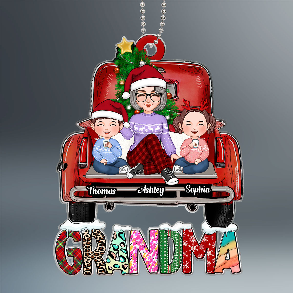 Grandma Grandkids Sitting On Truck Christmas Pattern Personalized Acrylic Ornament