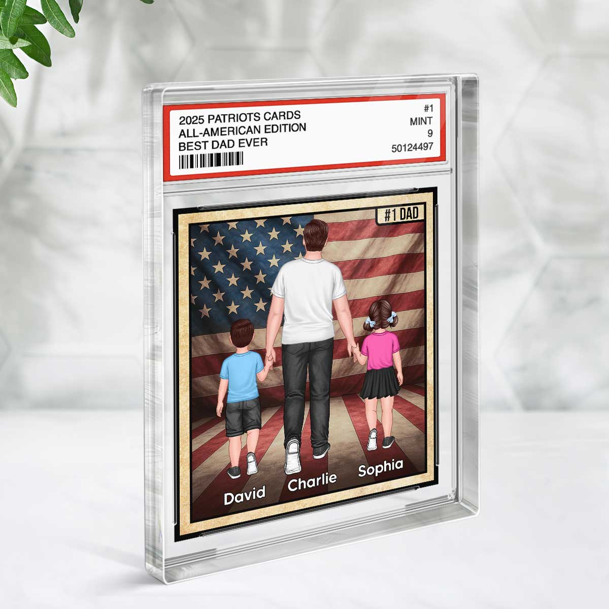 Nation Flag Dad & Kids Walking Patriotic Dad Trading Card Style Personalized Acrylic Block Plaque