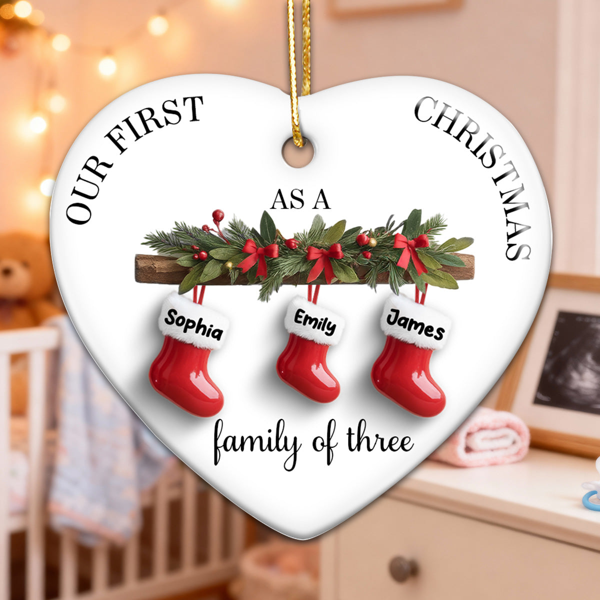 Family First Christmas Stockings 3D Effect - Personalized Ceramic Ornament - Christmas Tree Decor For Family