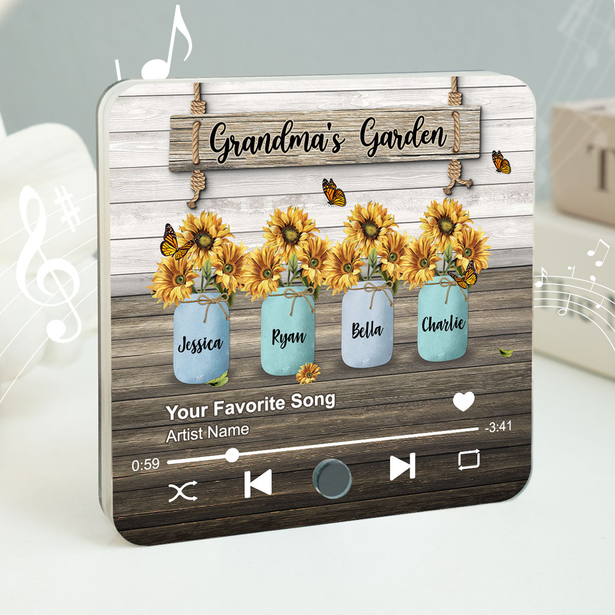 Grandma Garden Sunflower Vase Personalized Music Fridge Magnet, Heartfelt Gift for Grandma, Mom