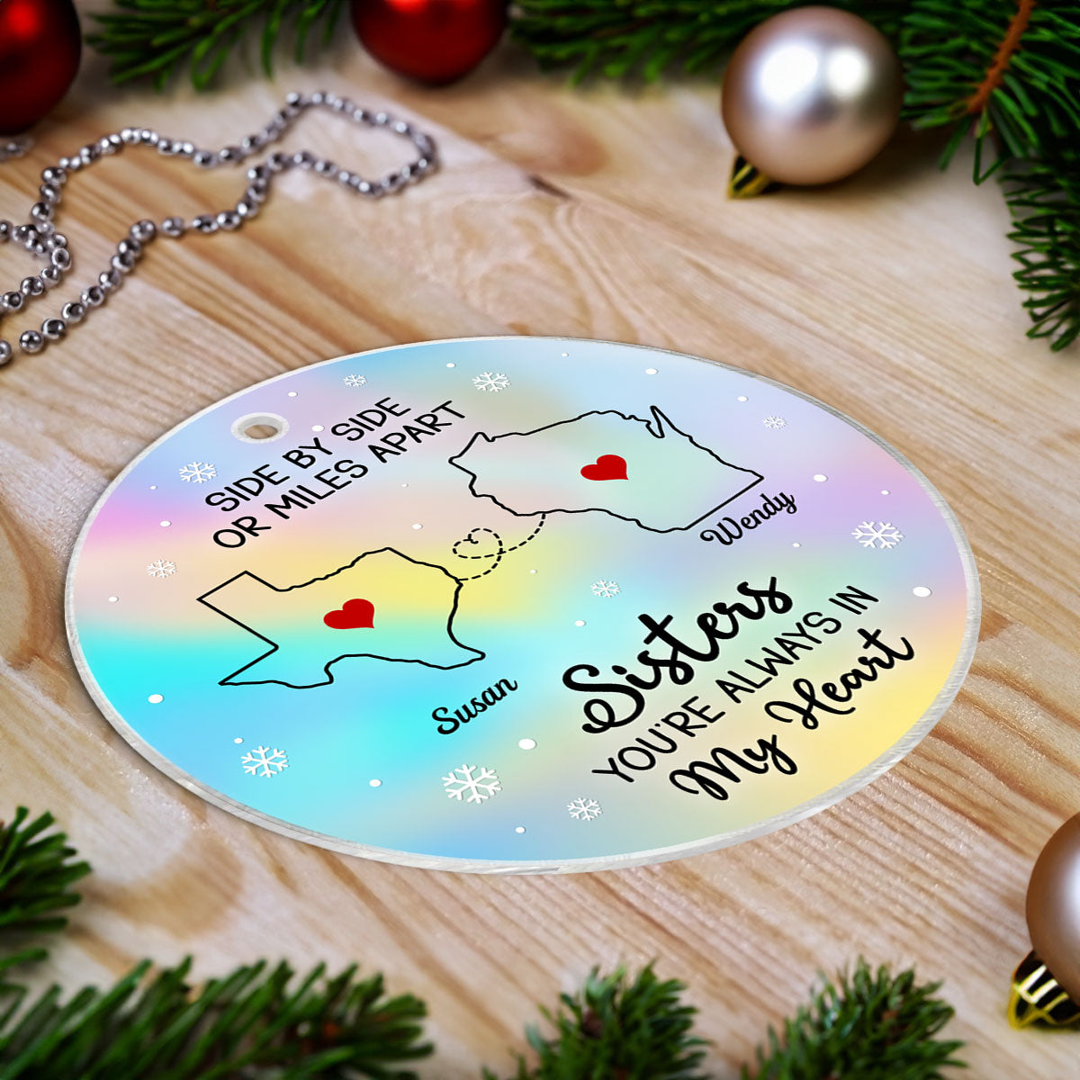 Long Distance Hologram Patterned Family Friends Siblings Sisters Besties Personalized Acrylic Ornament, Togetherness Christmas Gift
