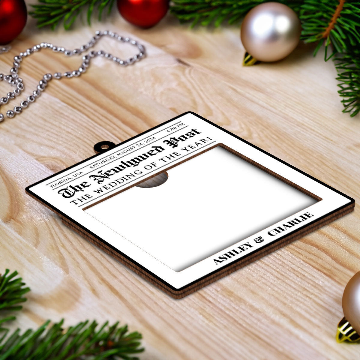 Newspaper Newlywed Anniversary Personalized Photo Frame Ornament, Unique Christmas Gift for Newlywed, Couple, Hanging Photo Car Ornament