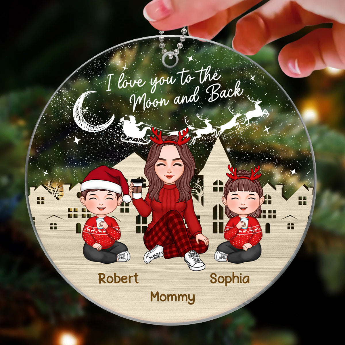 Love To The Moon Grandma Grandkids Sitting In The Snow Night Personalized Acrylic Keychain