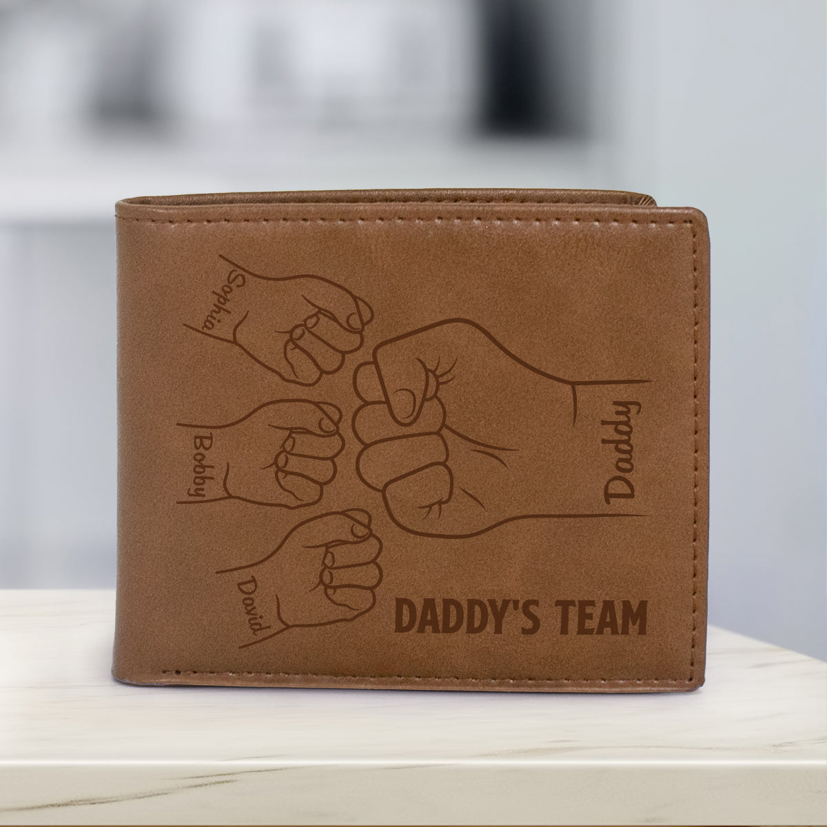 Daddy‘s Team Fist Bump Outline Personalized Printed Leather Wallet, Gift For Husband, Dad