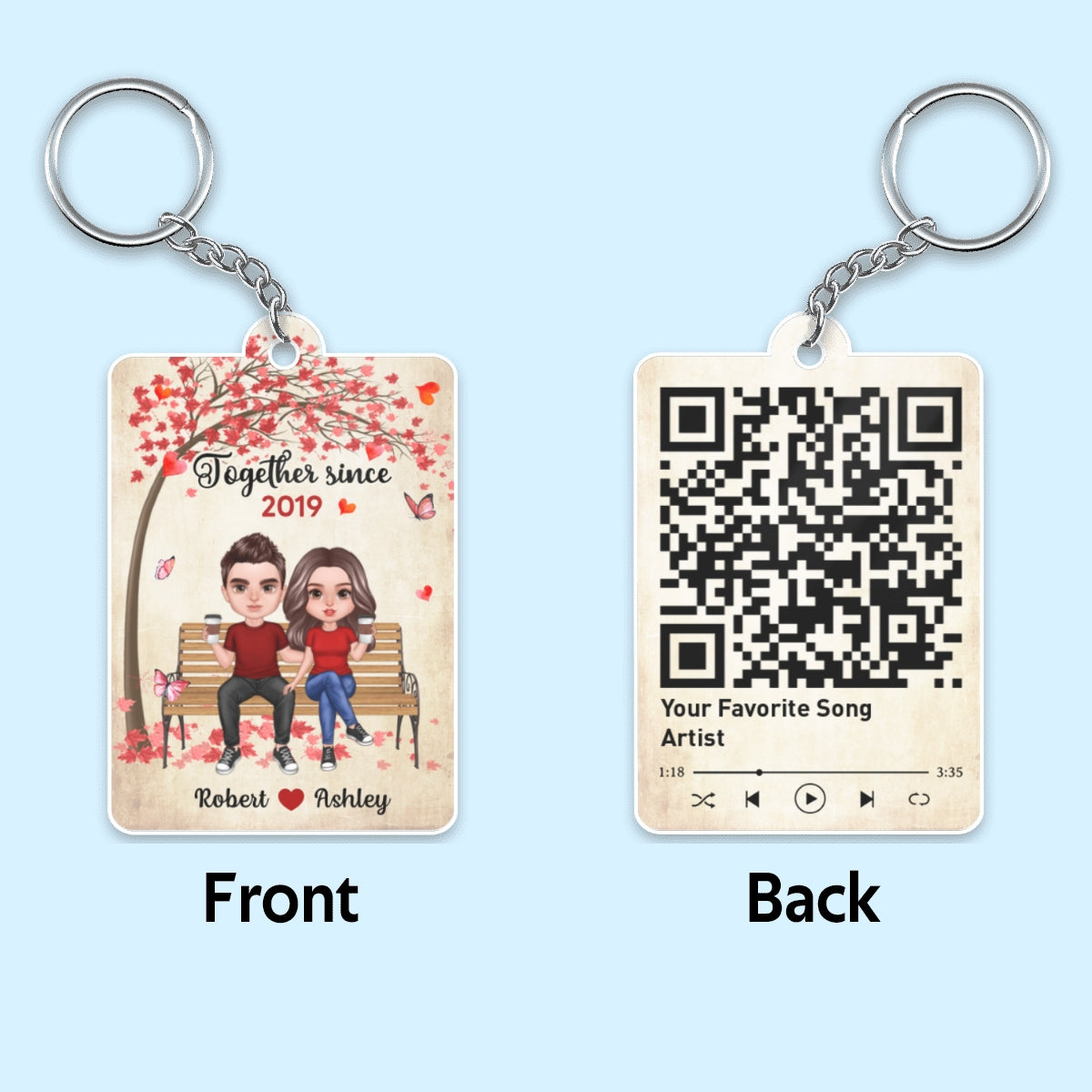 Realistic Doll Couple Under Tree Favorite Song Scannable QR Code Personalized Acrylic Keychain
