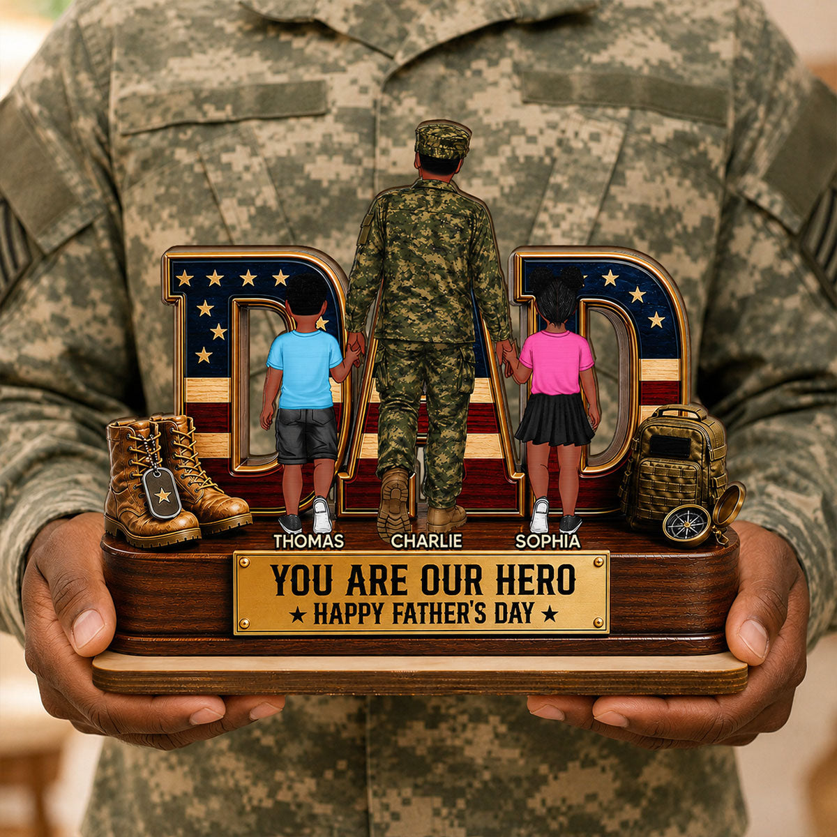 Nation Flag Military Dad You Are Our Hero - Personalized 2-Layered Wooden Plaque - Father's Day Gift For Dad, Husband