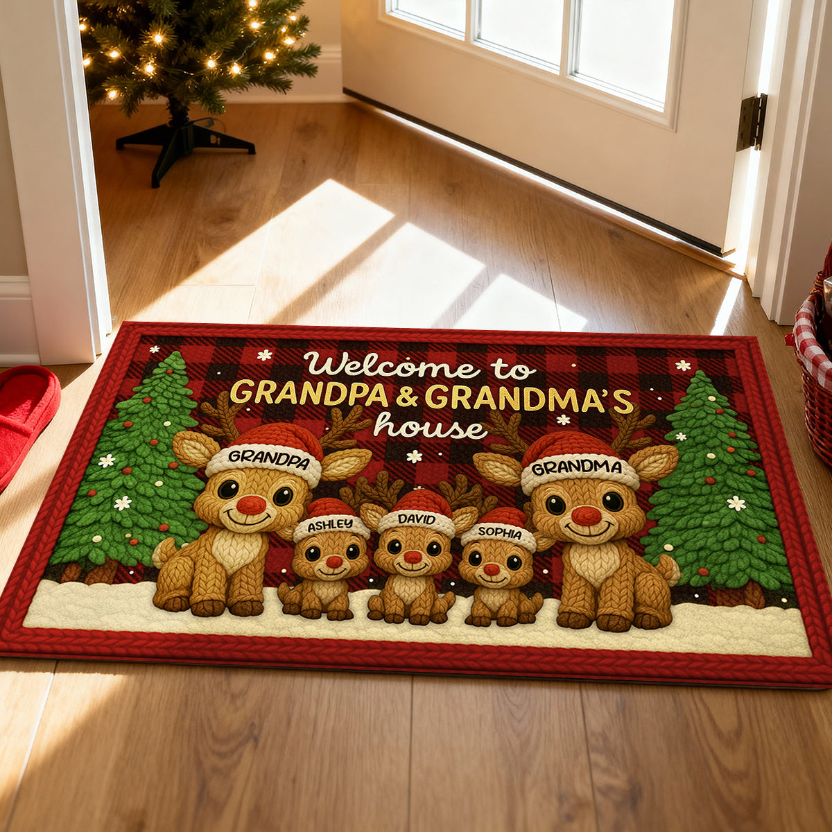 Grandma Grandpa Reindeers Crochet Faux Yarn Texture - Personalized Doormat - Christmas Decoration