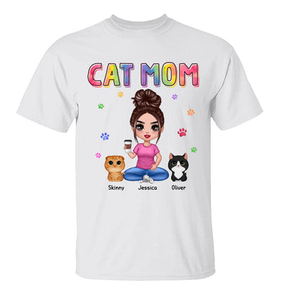 Colorful Paws Cat Mom Doll Woman Sitting With Watercolor Cute Cats Personalized Shirt